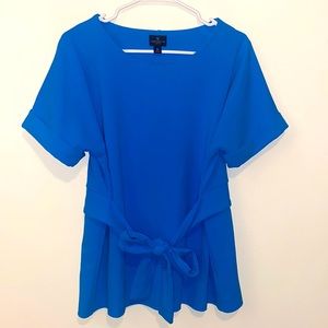 PL Worthington Electric Blue Short Sleeve Blouse with Tie in Front